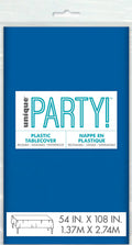 royal blue colour; rectangular shape; plastic material; dimensions printed 54in x 108in (1.37m x 2.74m); packaged in clear plastic with hanging hole;