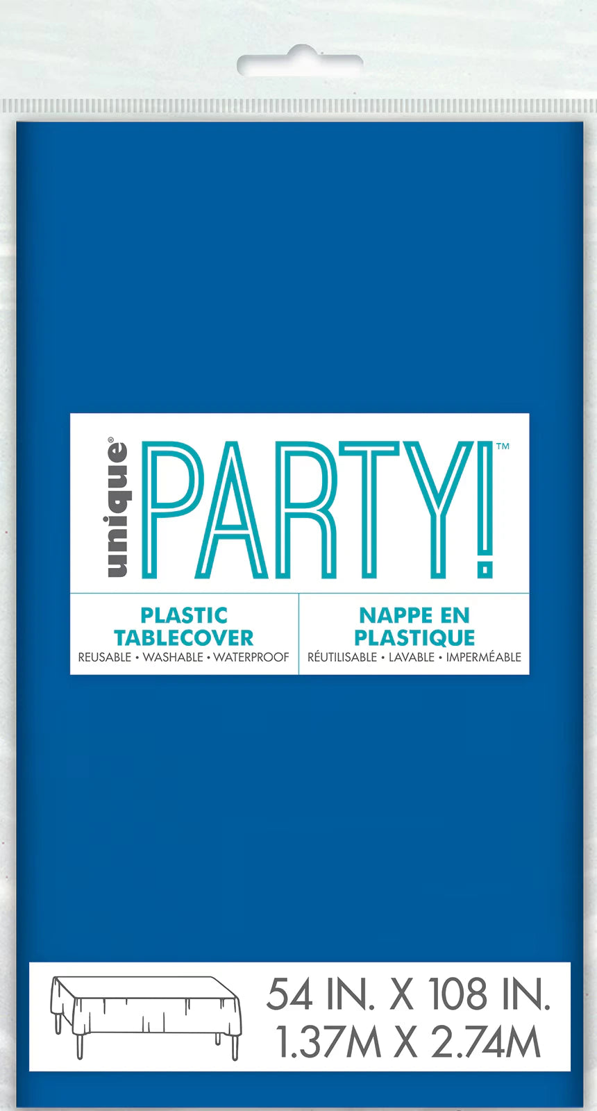 royal blue colour; rectangular shape; plastic material; dimensions printed 54in x 108in (1.37m x 2.74m); packaged in clear plastic with hanging hole;