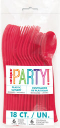 ruby red colour; plastic material; 18 pieces in pack; includes knives forks spoons; packaged in clear plastic;