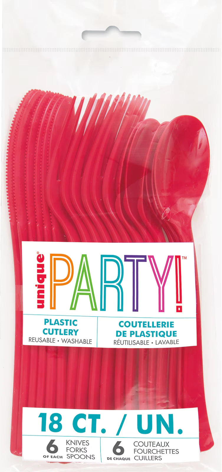 ruby red colour; plastic material; 18 pieces in pack; includes knives forks spoons; packaged in clear plastic;