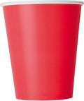 solid bright ruby red colour; paper material; 9oz (270ml) capacity; classic tapered cup shape;