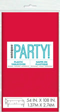 Bright ruby red colour; Rectangular shape; Plastic material appearance; Compact packaging with hang tab; Label showing dimensions 1.37m x 2.74m (54in x 108in);