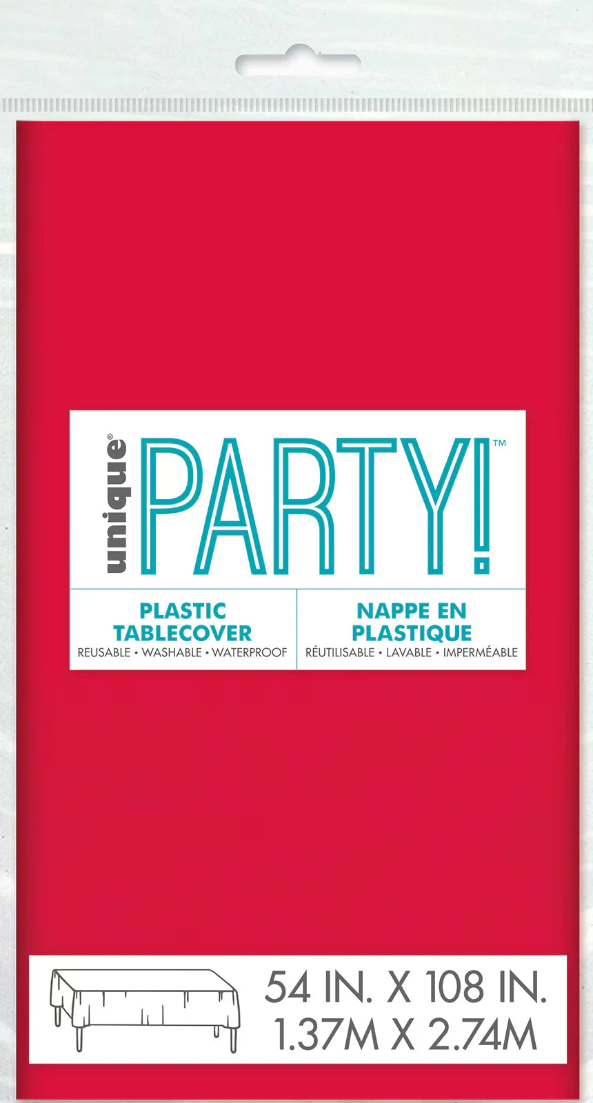 Bright ruby red colour; Rectangular shape; Plastic material appearance; Compact packaging with hang tab; Label showing dimensions 1.37m x 2.74m (54in x 108in);