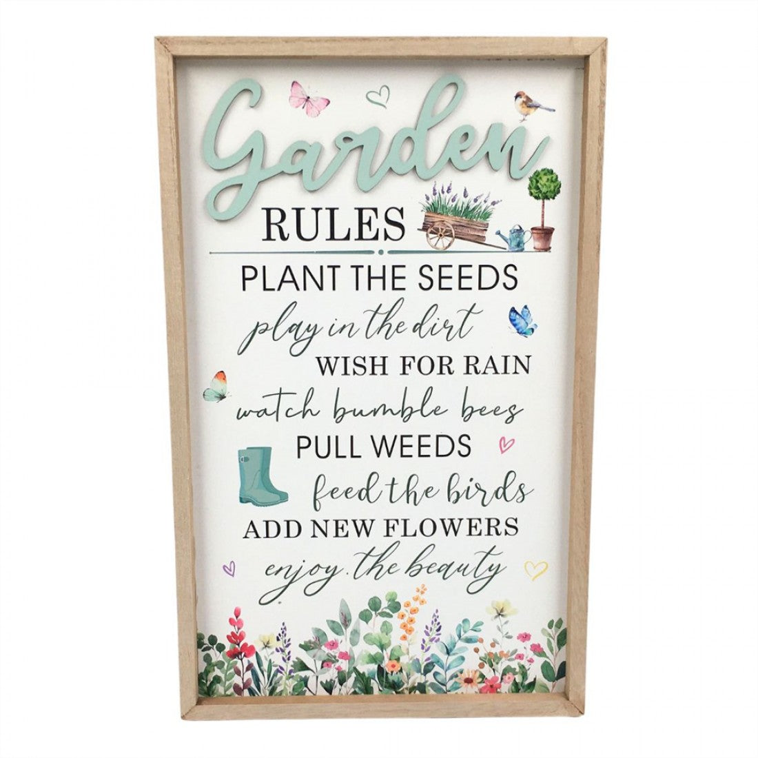 Rectangular wooden-framed wall sign; White background with pastel garden illustrations; Text reads various "Garden Rules" phrases; Floral border along bottom edge; Images of boots, birds, butterflies and plants;