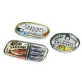 Set of three ceramic dishes; Assorted sardine and anchovy can designs; Oval and round shapes; Colourful painted illustrations; Glossy ceramic finish;