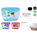 clear container with blue gel crystals; three scent variants shown: Fresh Linen (blue), Lavender (purple), Very Berry (red); plastic container with vented lid; label features floral and fruit images; compact rectangular container shape;