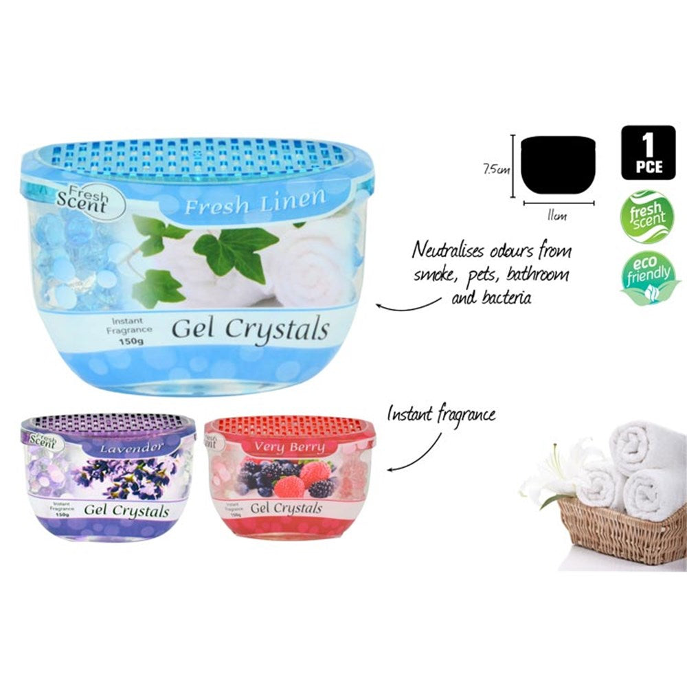 clear container with blue gel crystals; three scent variants shown: Fresh Linen (blue), Lavender (purple), Very Berry (red); plastic container with vented lid; label features floral and fruit images; compact rectangular container shape;
