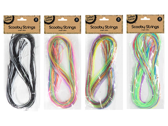 pack contains 25 strings; strings measure 100cm length; multiple colour variations; flexible string material; packaging with cardboard header;