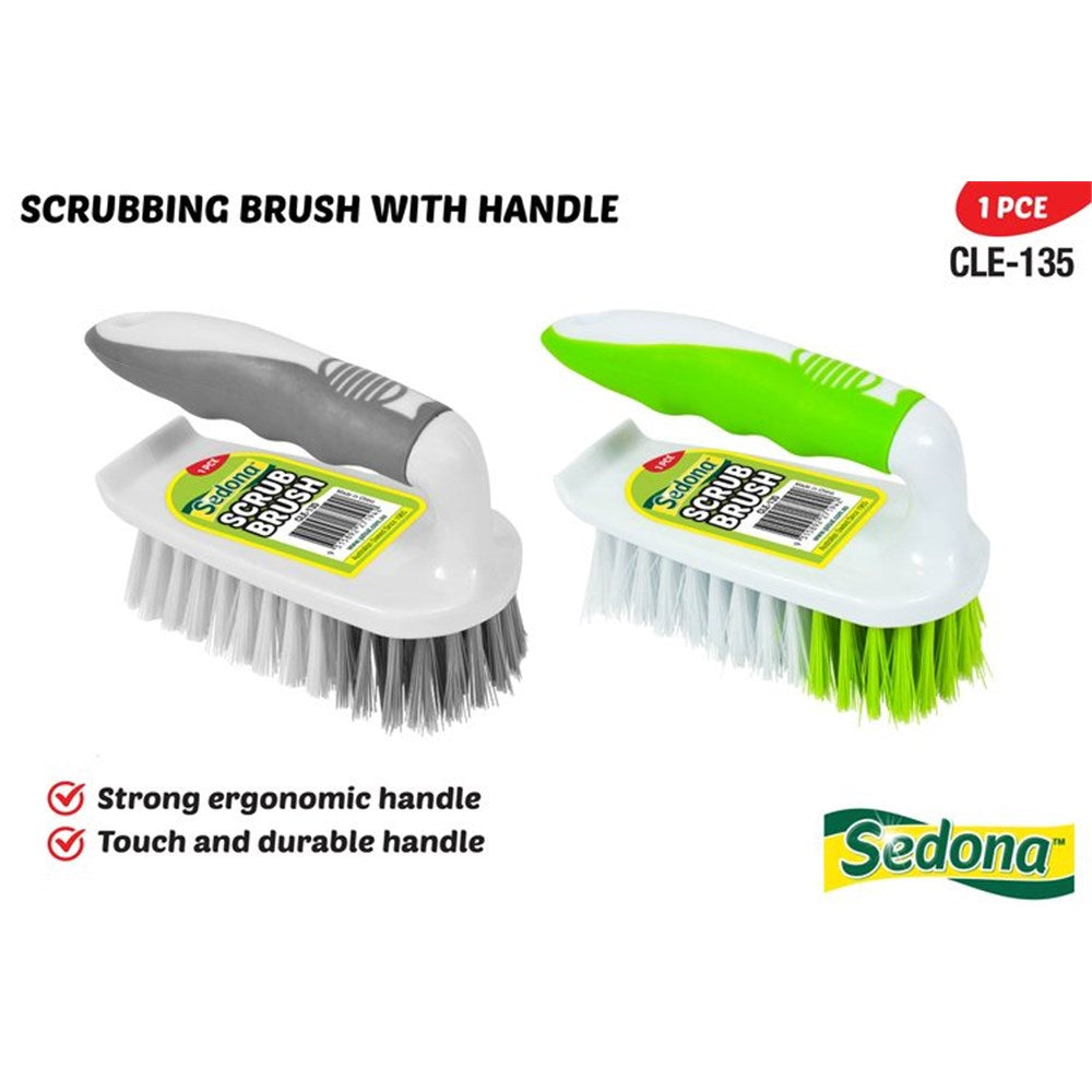 white plastic base with bristles; handle with grey rubber grip; handle with green rubber grip; white and green colour accents; rectangular brush shape;