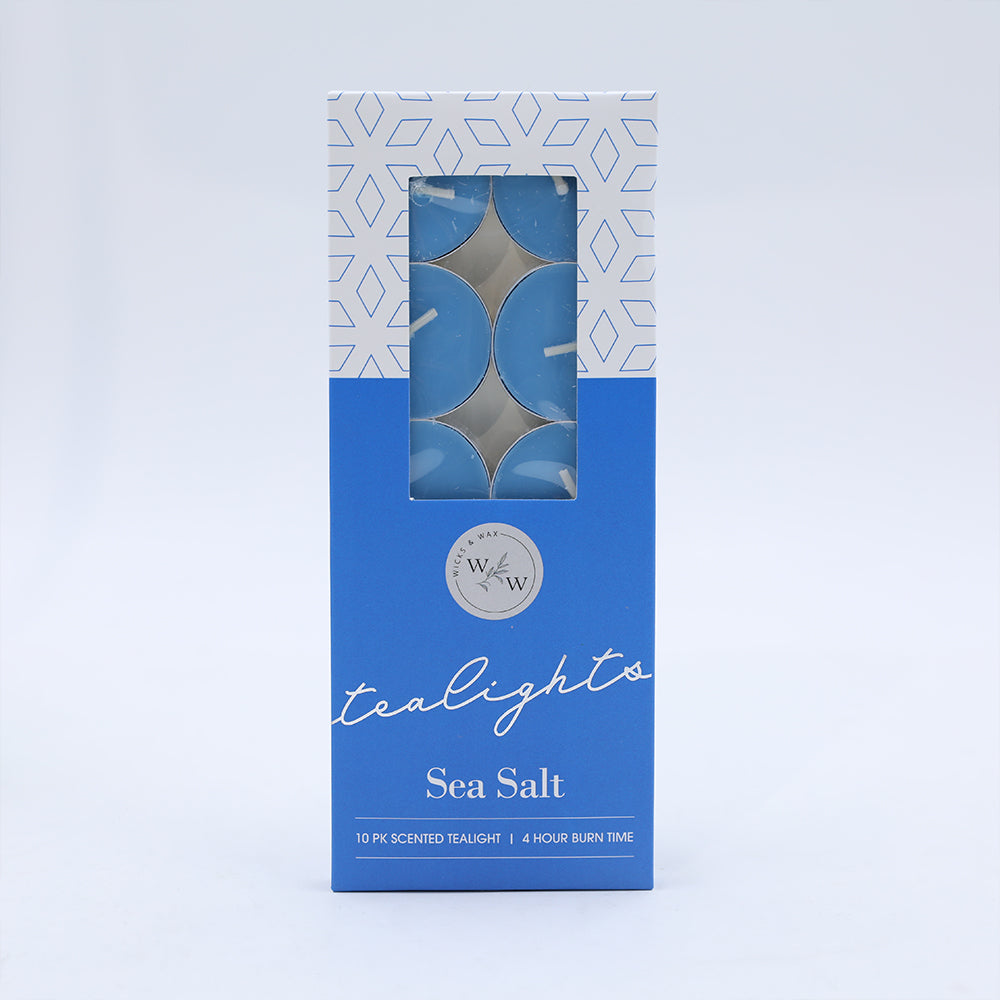 Blue tealights; Pack of 10 candles; White and blue packaging; Transparent window on box; Silver circular logo;