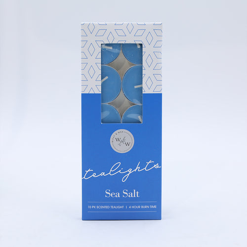 Blue tealights; Pack of 10 candles; White and blue packaging; Transparent window on box; Silver circular logo;