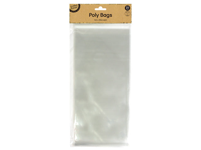 clear transparent plastic; rectangular shape; sealed packaging with cardboard header; 20 bags per pack; size label 14.5x29cm;