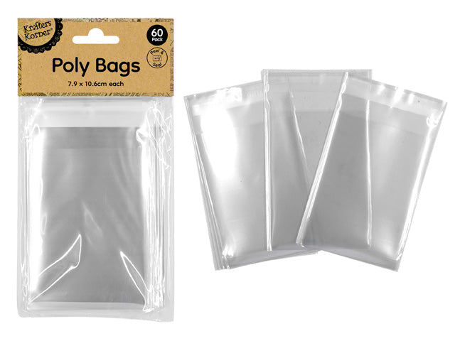 Clear plastic material; Peel and seal closure strip; Pack of 60 bags; Size label 7.9 x 10.6cm on packaging; Krafters Korner brand;