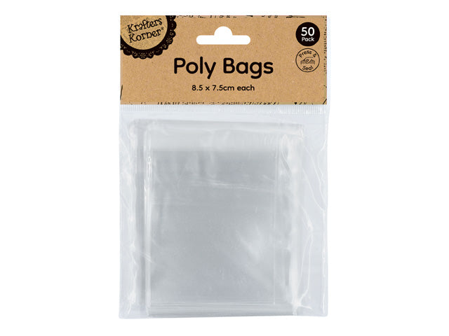 clear plastic material; rectangular shape; 50 bags per pack; kraft paper header packaging; press-to-seal closure;