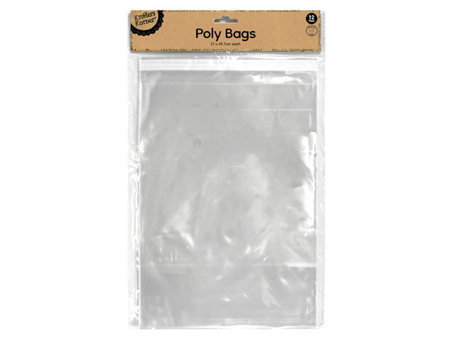 clear plastic material; rectangular shape; pack of 12; brown header label; dimensions printed 21 x 29.7cm;