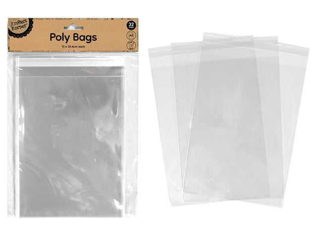 Clear transparent plastic bags; A5 size approx. 15 x 20.6 cm; Resealable strip at top; Packaged in cardboard header pack; 32 bags in each pack;