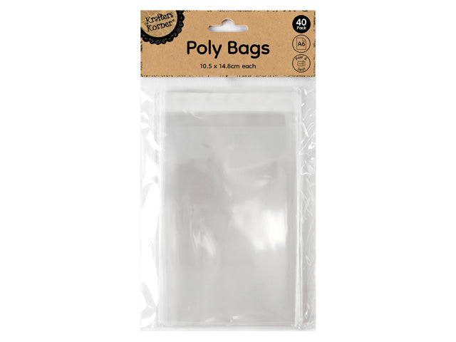 Clear transparent plastic material; Rectangular shape; Pack of 40 bags; Kraft paper header with branding and product info;