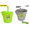 bright green plastic bucket; grey plastic bucket alternative; round shape; collapsible handle; pour spout;