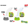 white plastic handle with thumb grip; circular brush head with hard bristles; scraper on brush head; product packaging label attached;