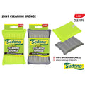 green and grey coloured sponge; rectangular shape; mesh scrub front surface; microfiber back surface;