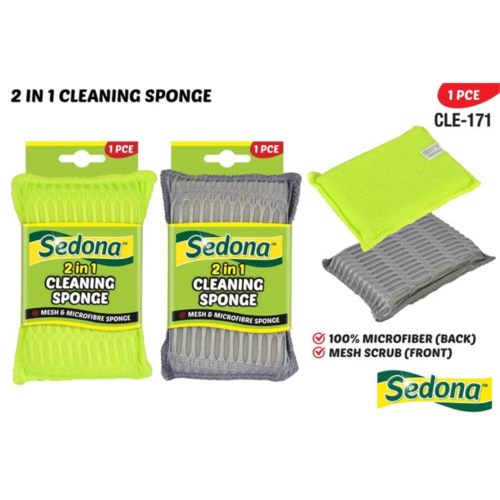 green and grey coloured sponge; rectangular shape; mesh scrub front surface; microfiber back surface;