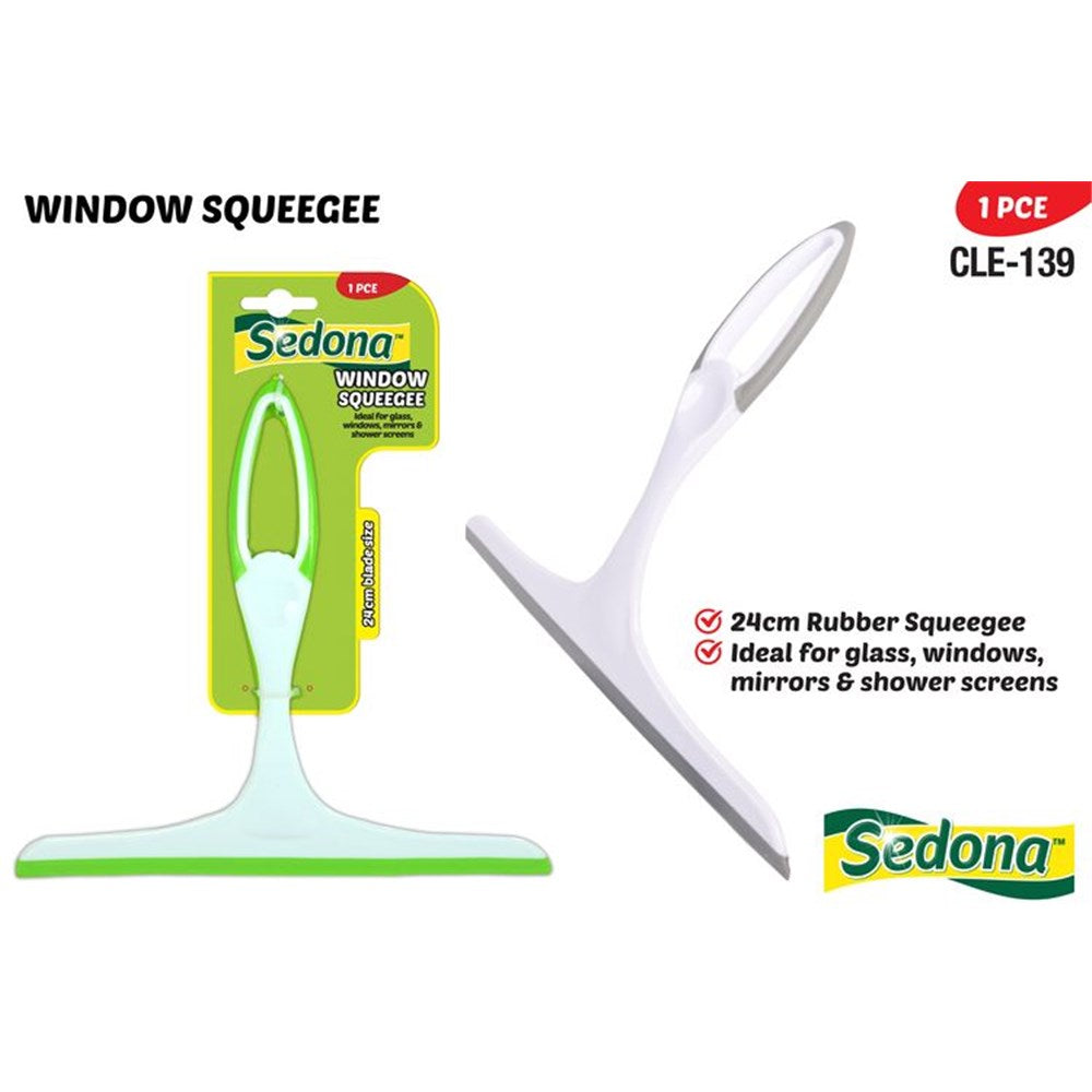 White handle with green rubber blade; Plastic handle with ergonomic grip; Flat squeegee blade 24cm wide; Packaging with Sedona branding;