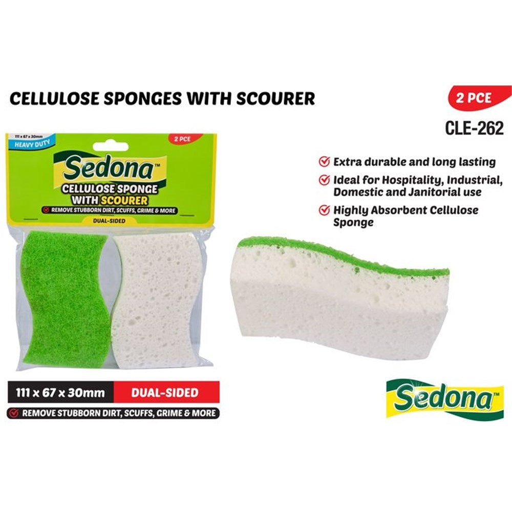 green scourer side; white cellulose sponge side; dual-sided sponge; compact curved shape; plastic packaging with cardboard header;