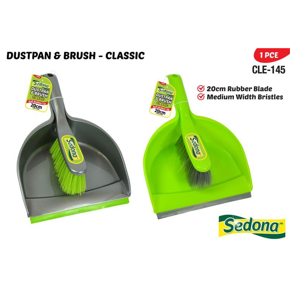 Green dust pan with rubber lip; Grey dust pan with green brush; Medium width bristles; Set includes one dust pan and one brush;