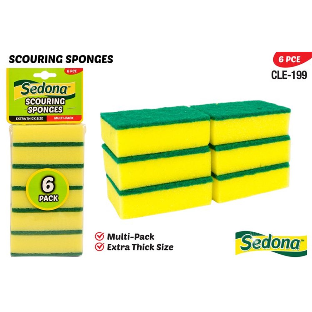 6 pack of rectangular sponges; yellow sponge body with green scouring pad; extra thick size; packaged in clear plastic wrap with header card; dimensions approx 6 x 9 cm per sponge;