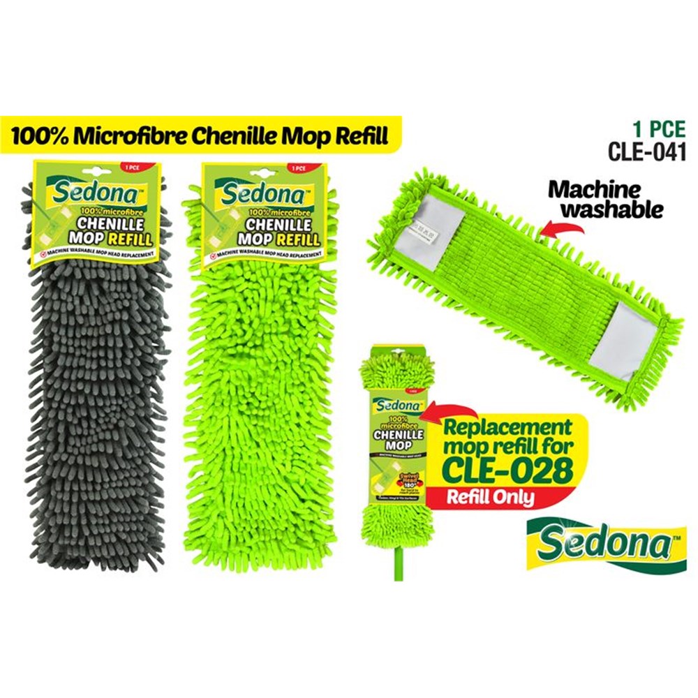 microfibre chenille material; rectangular mop refill shape; green and grey colour options; packaging with Sedona branding; machine washable label;