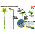 Green and yellow colour scheme; Telescopic aluminium or metal handle; 20cm black rubber blade; Mesh foam sponge on squeegee head; Screw-in blade design;