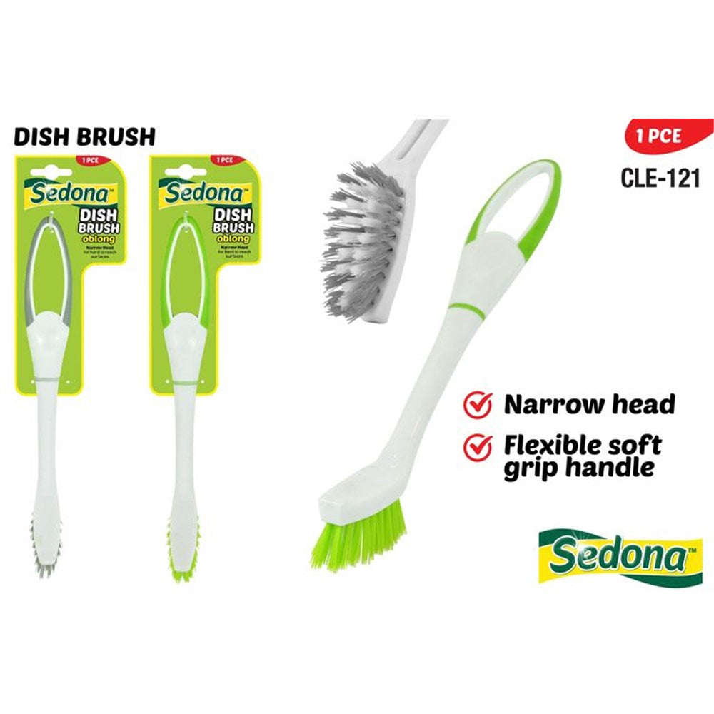 white plastic handle with green accents; narrow brush head; soft grip handle; curved brush shape;