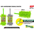 Green microfibre chenille duster; Plastic handle with hanging hole; Labelled packaging with Sedona branding; Compact size approx 34x9cm;