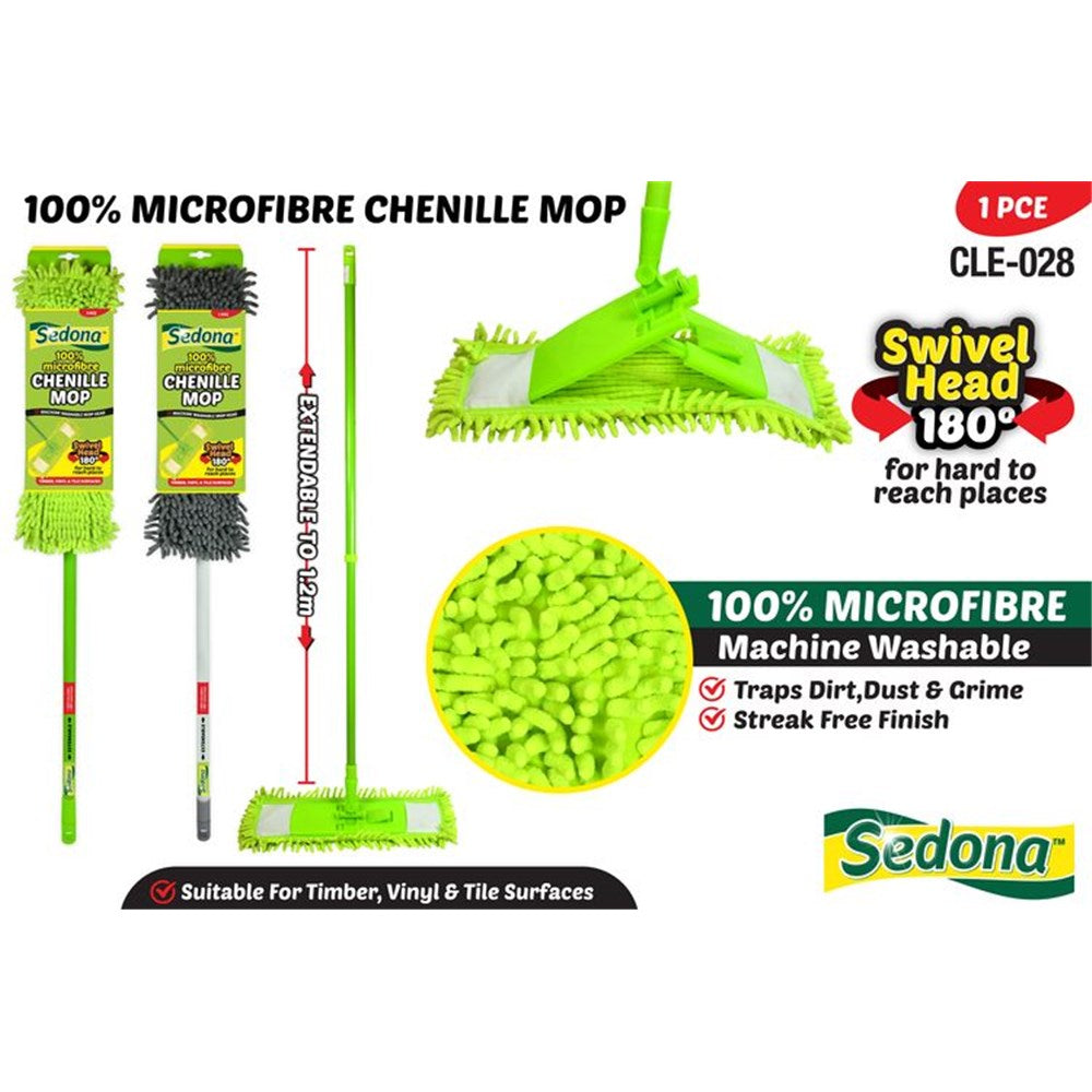 green and grey mop heads; microfibre chenille mop head texture; extendable green handle; swivel mop head mechanism; packaged with Sedona branding;