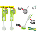 white and green colour; circular brush head; scraper on brush head; soft grip handle with green accent;