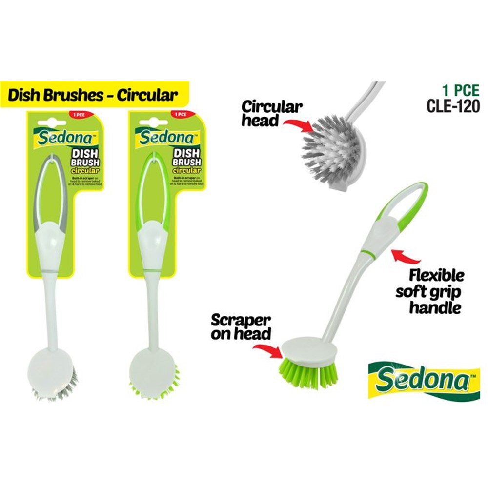 white and green colour; circular brush head; scraper on brush head; soft grip handle with green accent;