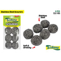 6 stainless steel scourers in pack; silver metal wire material; round coil shape; packaged in clear plastic with green and yellow header;
