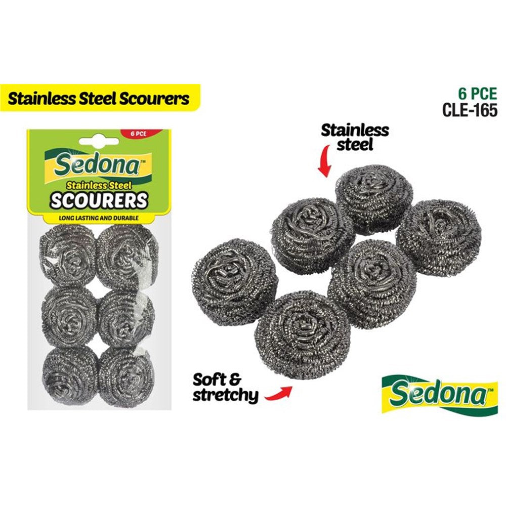 6 stainless steel scourers in pack; silver metal wire material; round coil shape; packaged in clear plastic with green and yellow header;