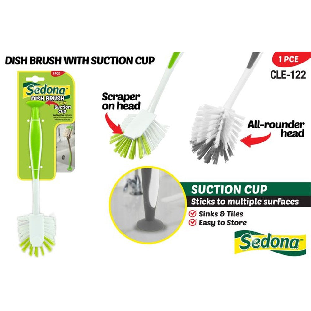 Green and white brush handle; Suction cup base; Round brush head with white and green bristles; Scraper tool integrated on brush head;