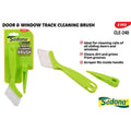 lime green plastic handle; white bristles; compact scraper tool; packaged as 2 piece set; scraper fits inside brush handle;