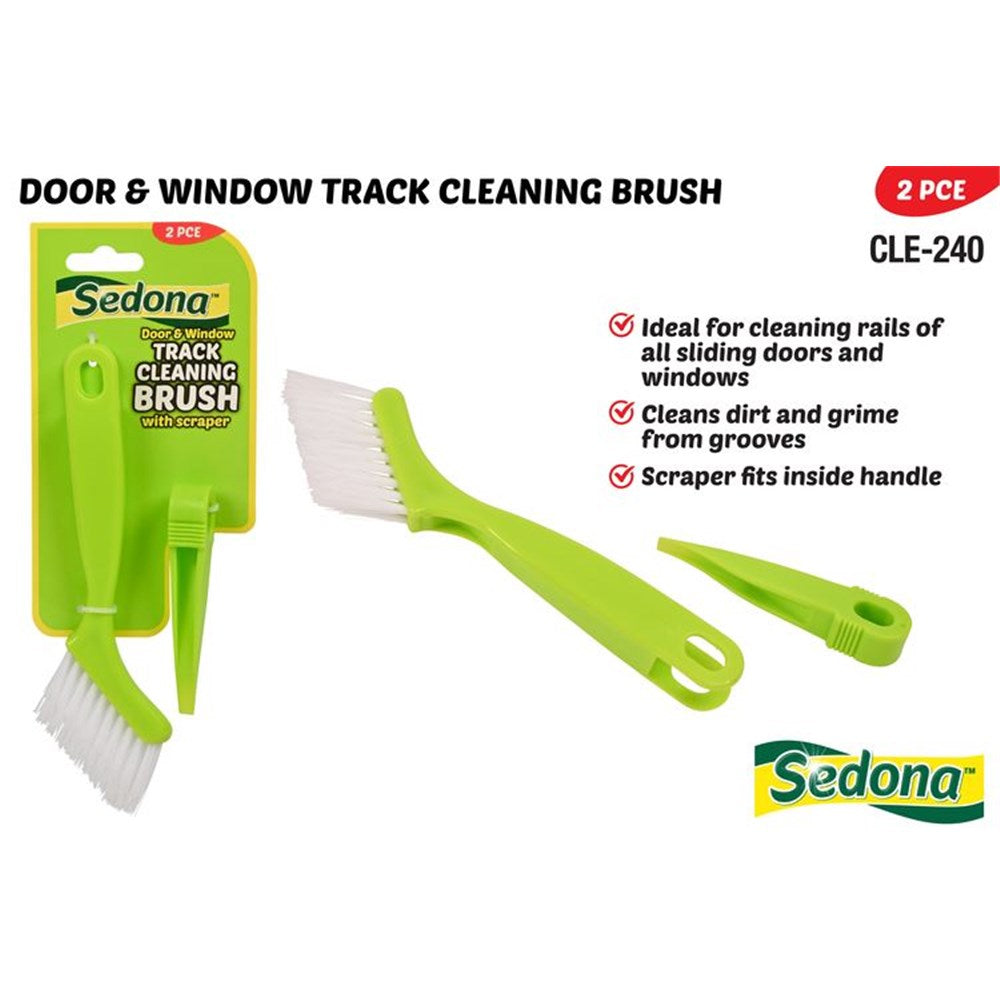 lime green plastic handle; white bristles; compact scraper tool; packaged as 2 piece set; scraper fits inside brush handle;