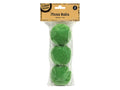 green colour; spherical shape; fuzzy moss texture; pack of 3 balls in plastic packaging; 5.7cm diameter noted on packaging;