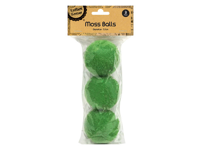 green colour; spherical shape; fuzzy moss texture; pack of 3 balls in plastic packaging; 5.7cm diameter noted on packaging;