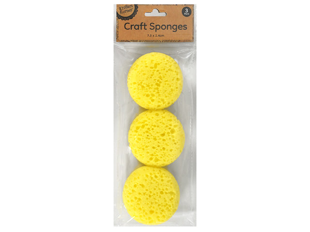 Yellow colour; Round shape; Three sponges in pack; Plastic packaging; Visible sponge pores;