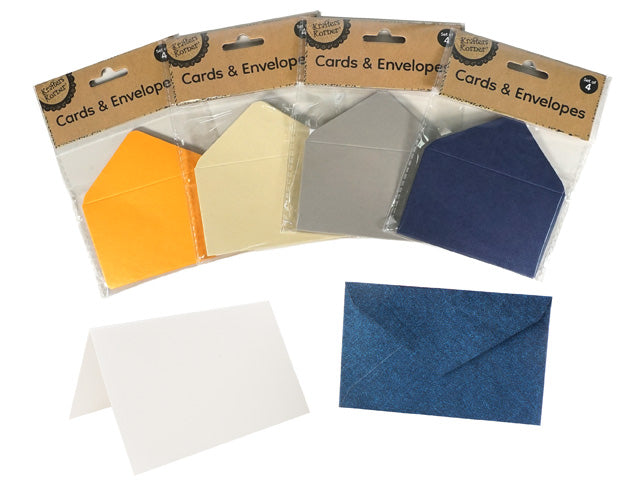 4 assorted envelope colours: yellow, cream, grey, navy blue; Matching blank folded cards included; Envelopes have a textured paper look; Cards and envelopes come in clear plastic packaging;