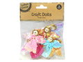 pack of 6 dolls; assorted colours including pink, blue, orange; striped dresses; shiny, translucent wings; golden tinsel halos;