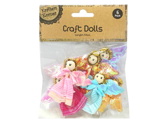 pack of 6 dolls; assorted colours including pink, blue, orange; striped dresses; shiny, translucent wings; golden tinsel halos;