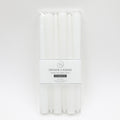 Set of six white taper candles; Candles measure approximately 25cm long; Smooth surface, uniform white colour; Packaged in clear plastic wrap with white label;