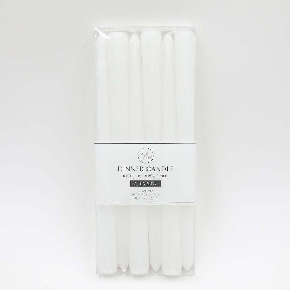 Set of six white taper candles; Candles measure approximately 25cm long; Smooth surface, uniform white colour; Packaged in clear plastic wrap with white label;