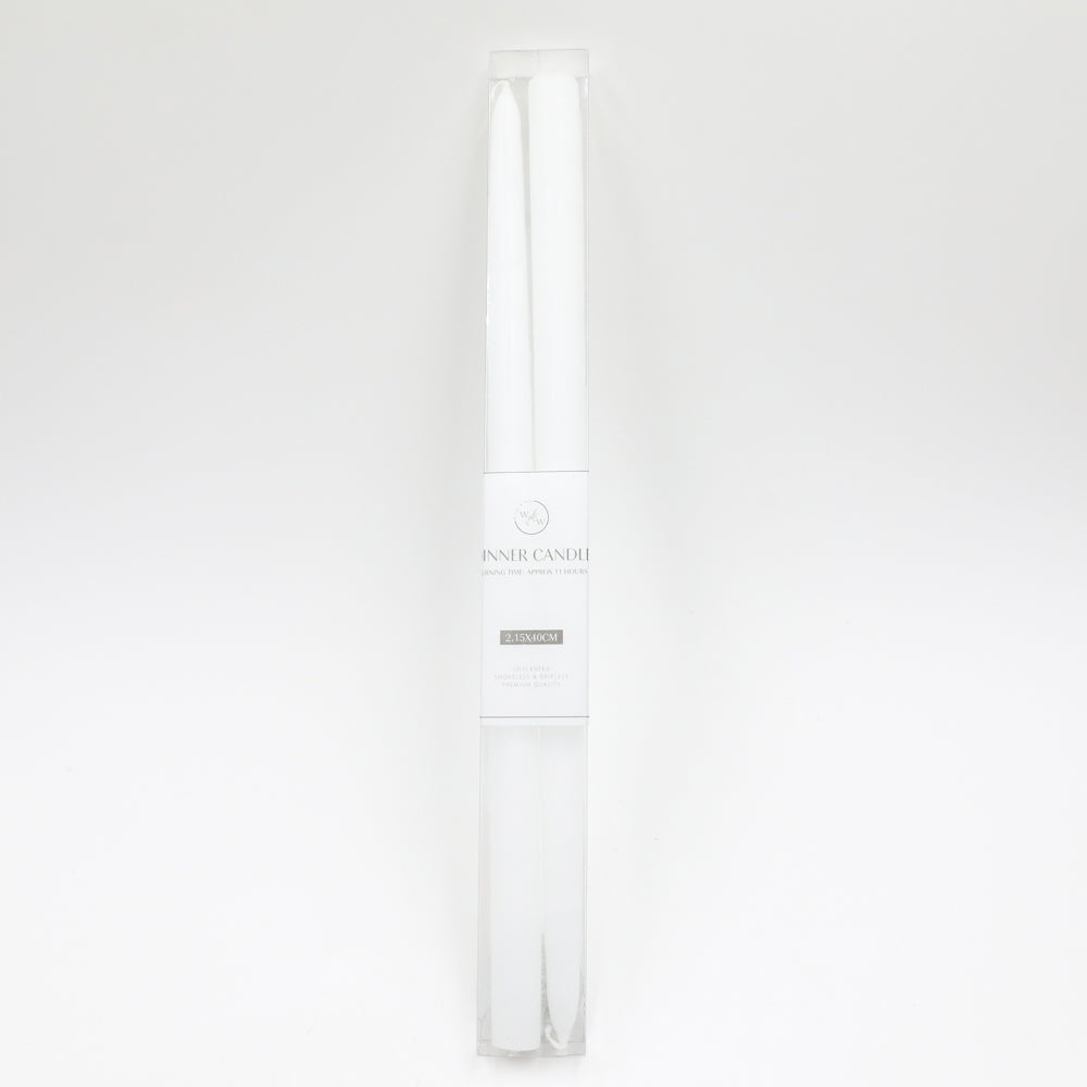 Set of two candles; White colour; Tapered shape; Slim, long candles; Packaged in clear plastic sleeve;